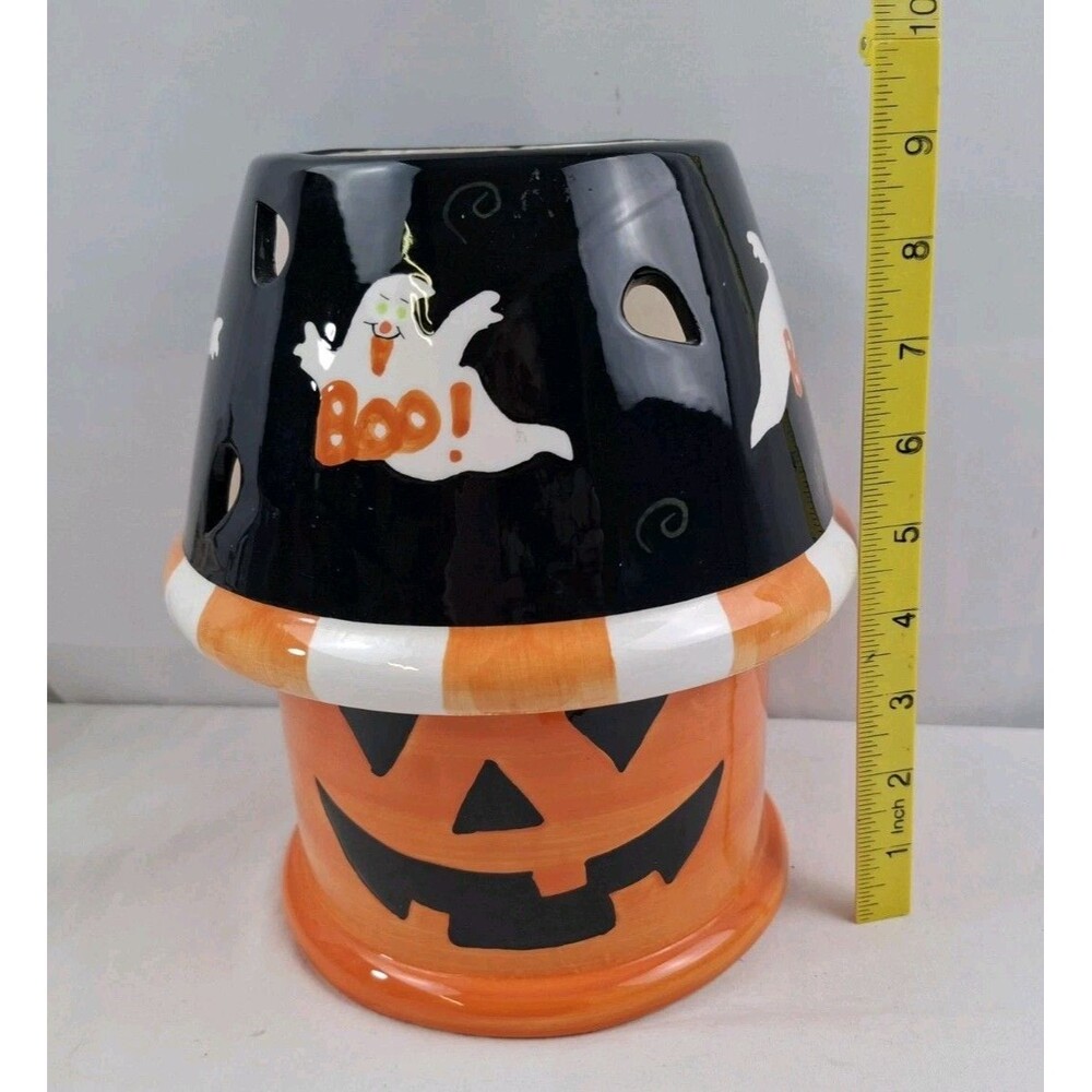 Ceramic Jack O Lantern Pumpkin Candle Holder With Shade Decor Halloween Luminary - Picture 9 of 11